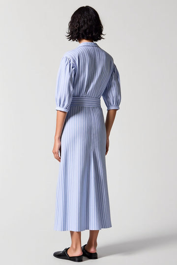 Blue Stripes Sheath V Neck 3/4 Sleeves Long Work Dress